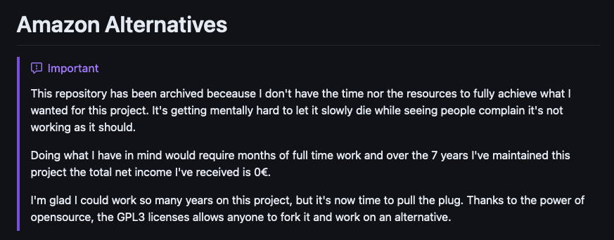 Screenshot de la notice d'archivage du projet amazon alternatives
